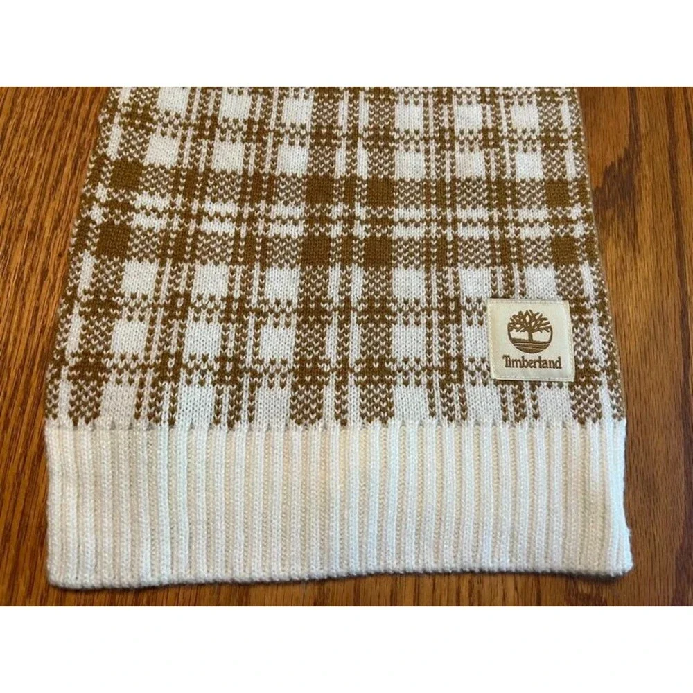 Timberland Brown and White Plaid Knit Scarf NWT